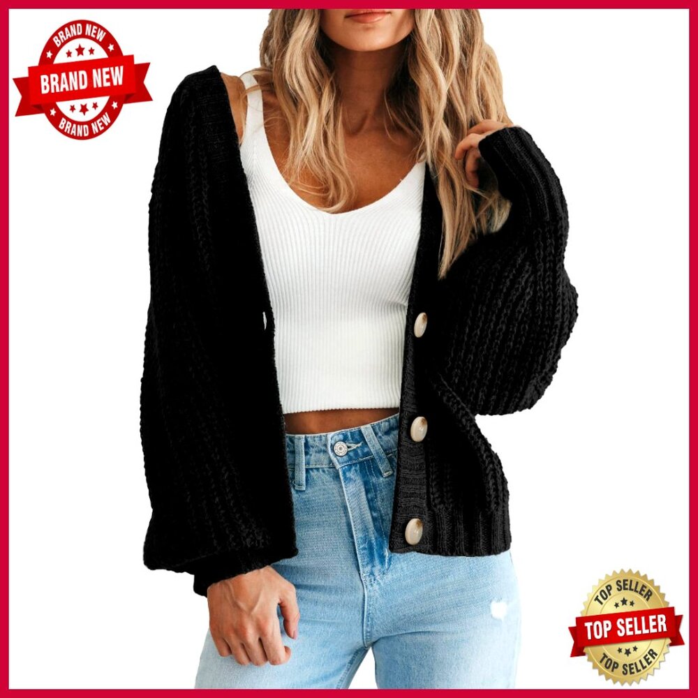 Chunky Knit Open Front Cardigan Sweater Long Sleeve Button Loose
